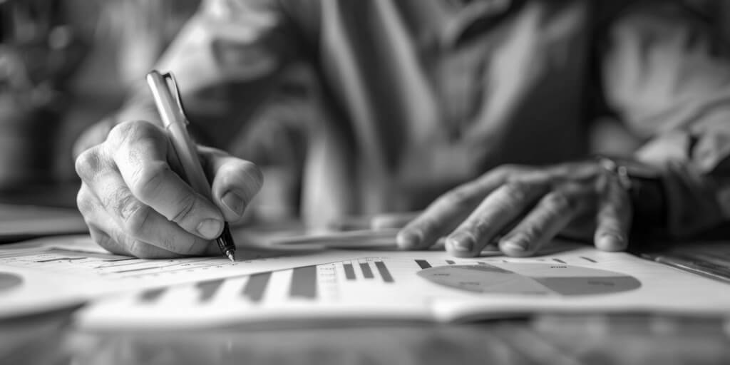 Close-up of a person's hand holding a pen and writing on a document with graphs and charts, suggesting data analysis or financial planning.